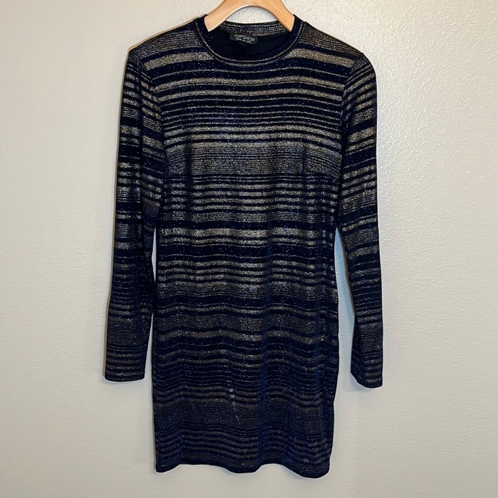 Topshop Long Sleeve Metallic Gold Striped Dress